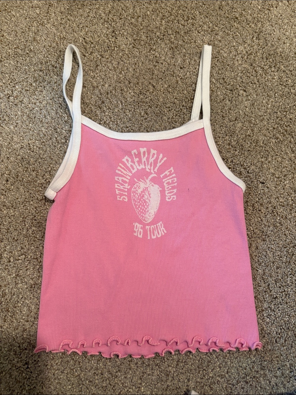 Brandy Melville Pink Ribbed Strawberry Graphic Tank with White Trim
